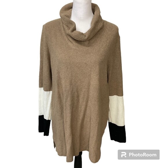 J Jill Women Camel Black White Stripe Turtleneck Sweater Tunic Oversized Sz L U2 - Picture 1 of 12